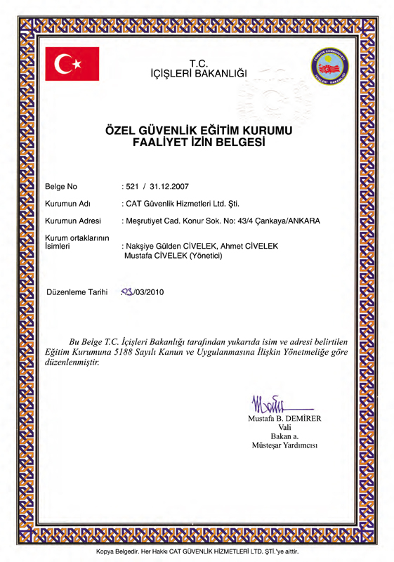 Özel Güvenlik Eğitim Kurumu Faaliyet İzin Belgesi